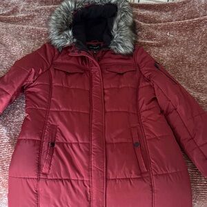 Lucky Brand Burgundy Puffer Jacket with Faux Fur Hood